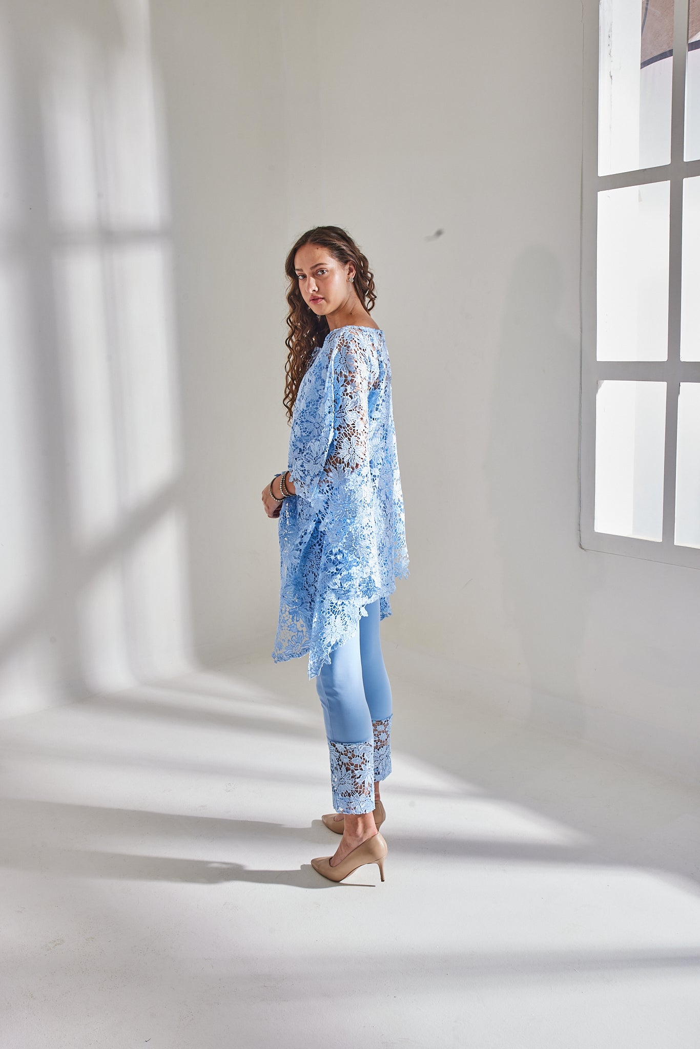 HAZE BLUE SCHIFFLI KAFTAN SET