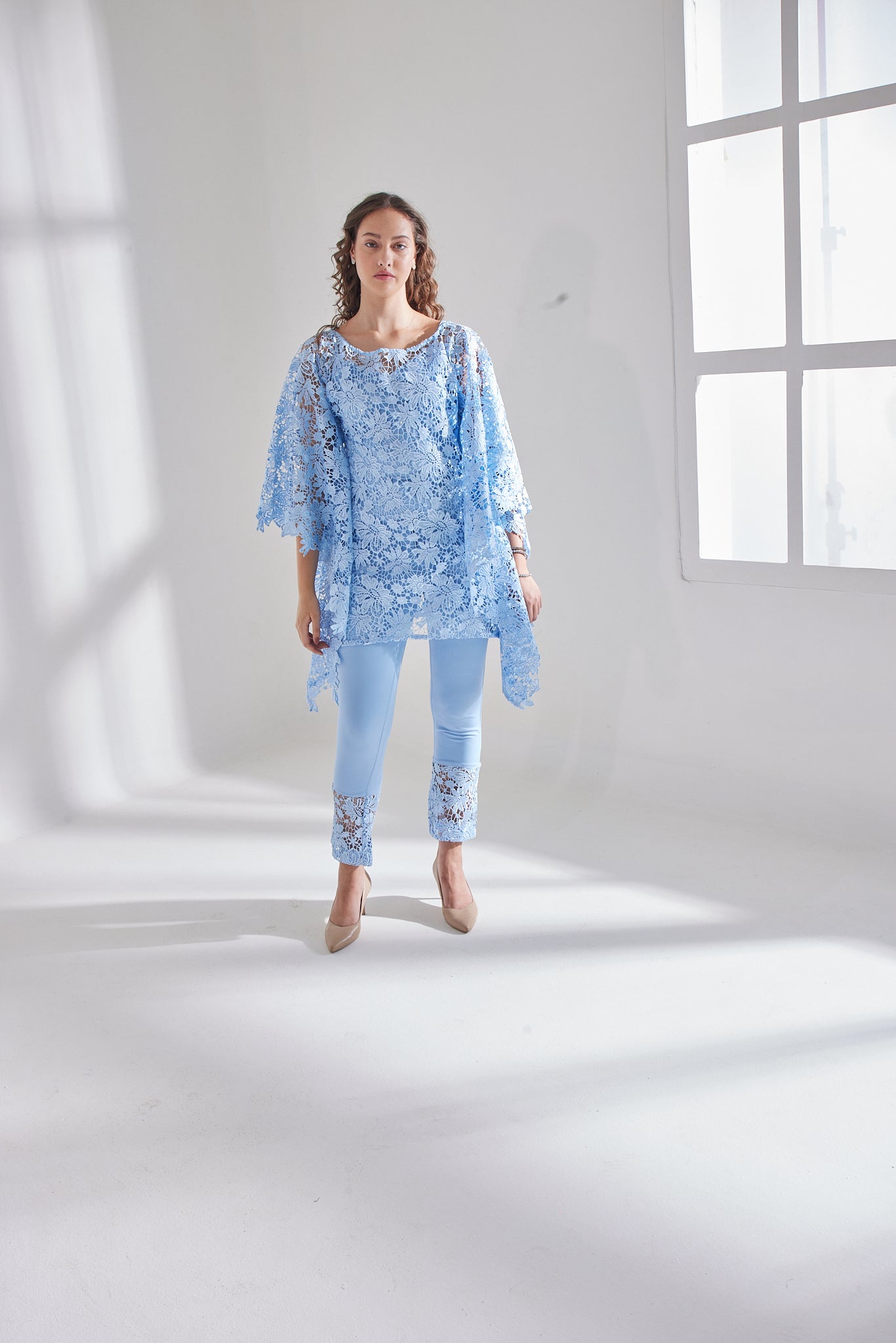 HAZE BLUE SCHIFFLI KAFTAN SET