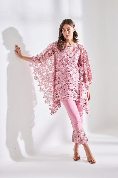 HAZE PINK SCHIFFLI KAFTAN SET