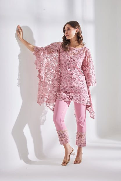 HAZE PINK SCHIFFLI KAFTAN SET