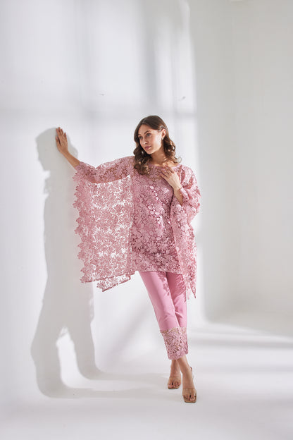 HAZE PINK SCHIFFLI KAFTAN SET