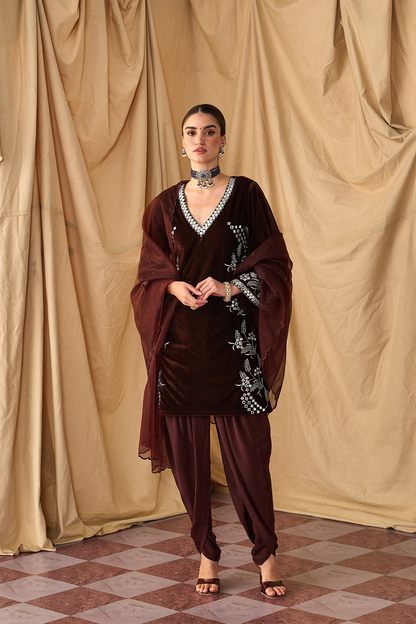 Paisley Mirror Velvet Kurta Set -Brown