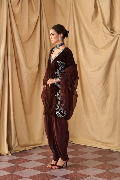 Paisley Mirror Velvet Kurta Set -Brown