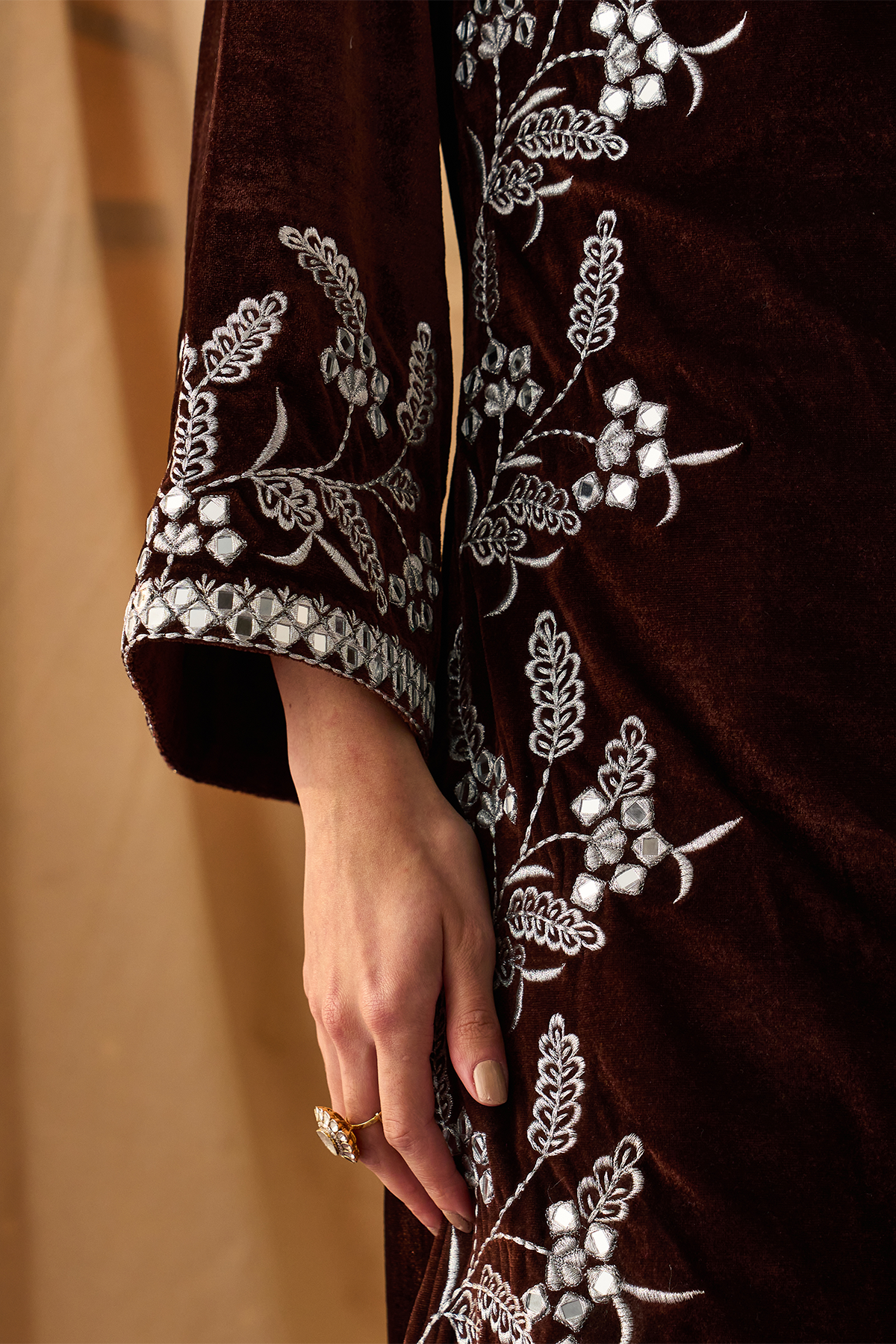 Paisley Mirror Velvet Kurta Set -Brown