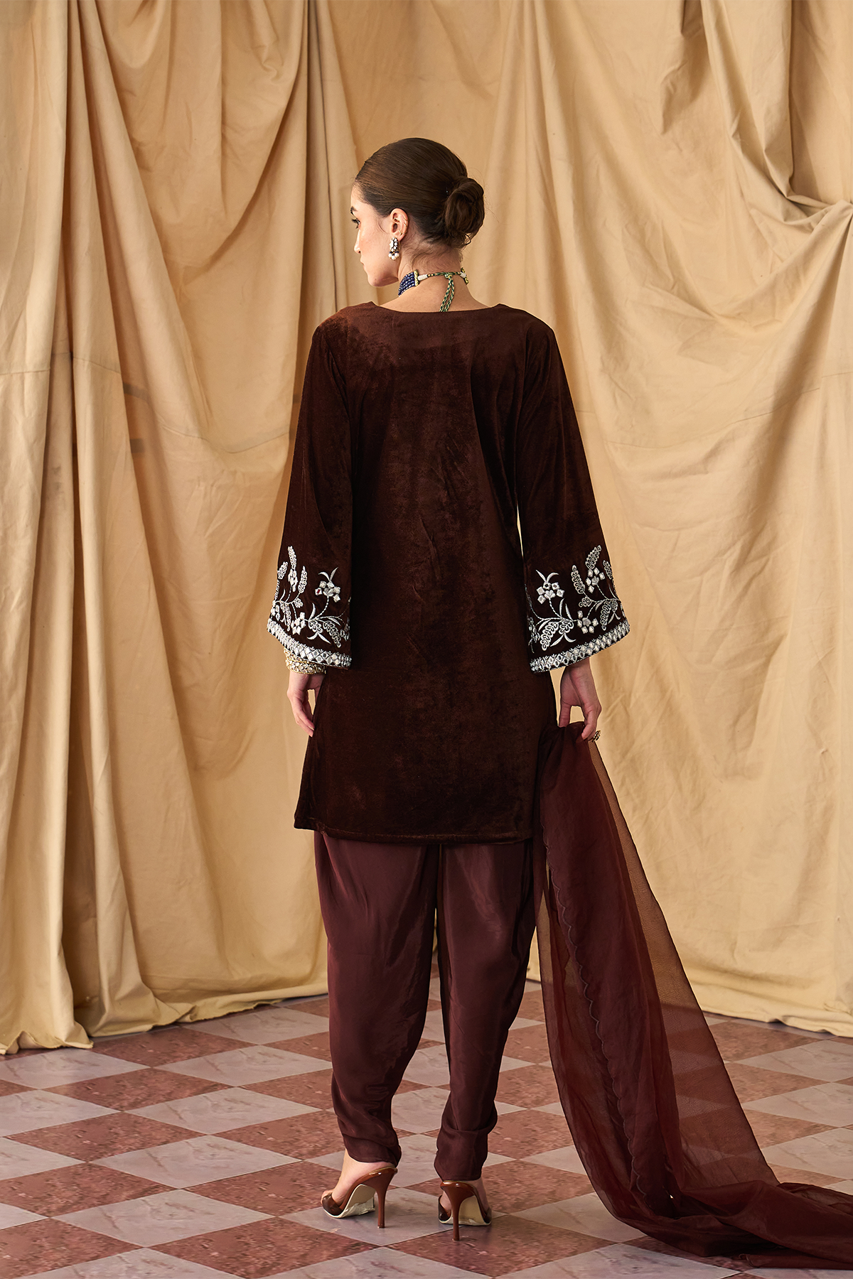 Paisley Mirror Velvet Kurta Set -Brown