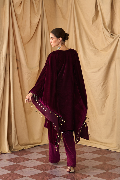 Sikka Velvet Zari Maroon Kaftan Set