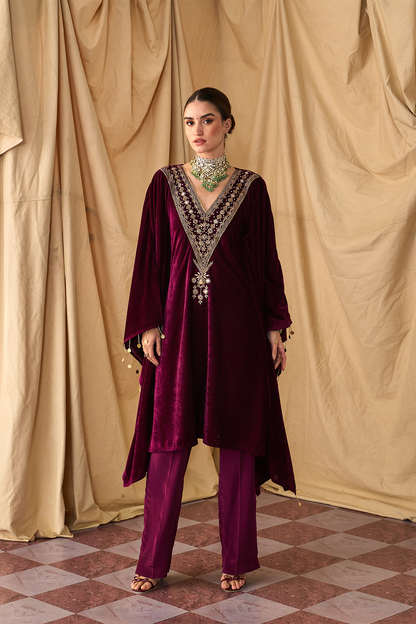 Sikka Velvet Zari Maroon Kaftan Set