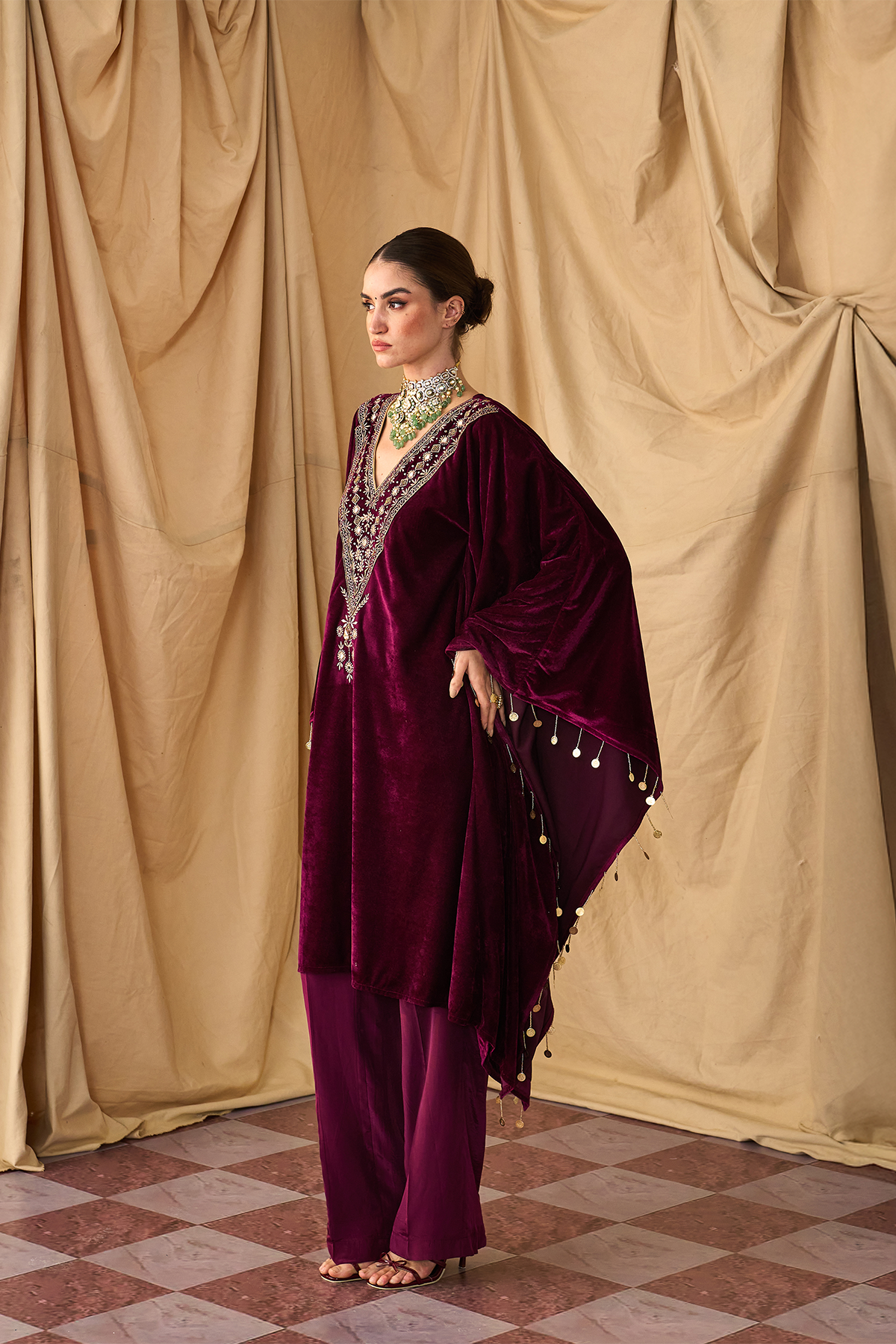 Sikka Velvet Zari Maroon Kaftan Set