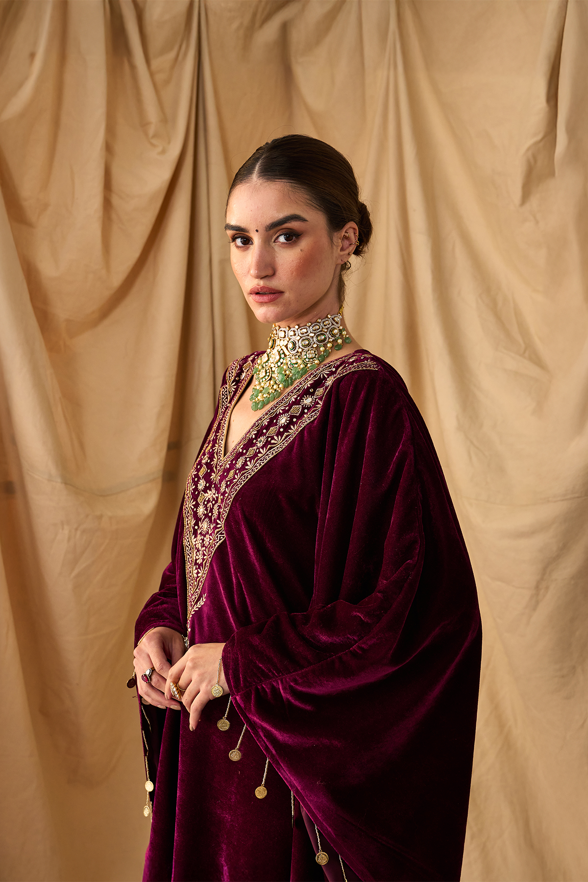 Sikka Velvet Zari Maroon Kaftan Set