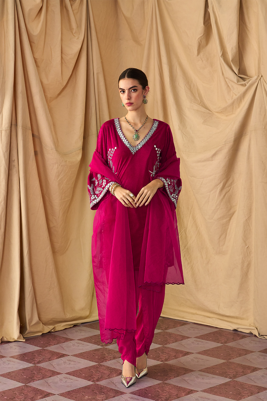 Paisley Mirror Velvet Kurta Set -Rani Pink