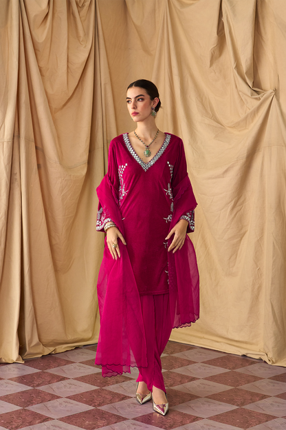 Paisley Mirror Velvet Kurta Set -Rani Pink