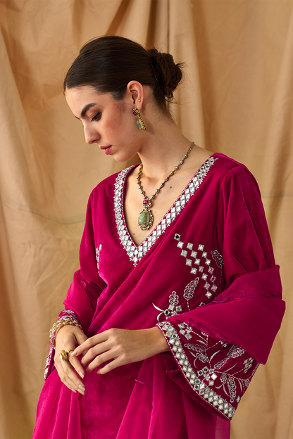 Paisley Mirror Velvet Kurta Set -Rani Pink