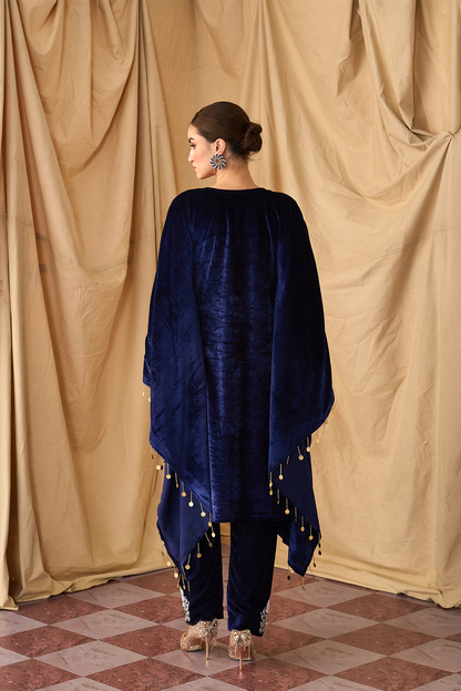 Sikka Velvet Zari Blue Kaftan Set