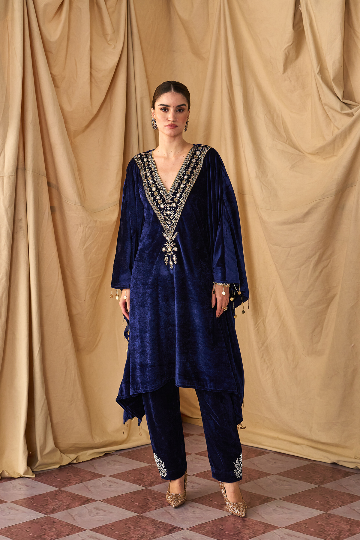 Sikka Velvet Zari Blue Kaftan Set