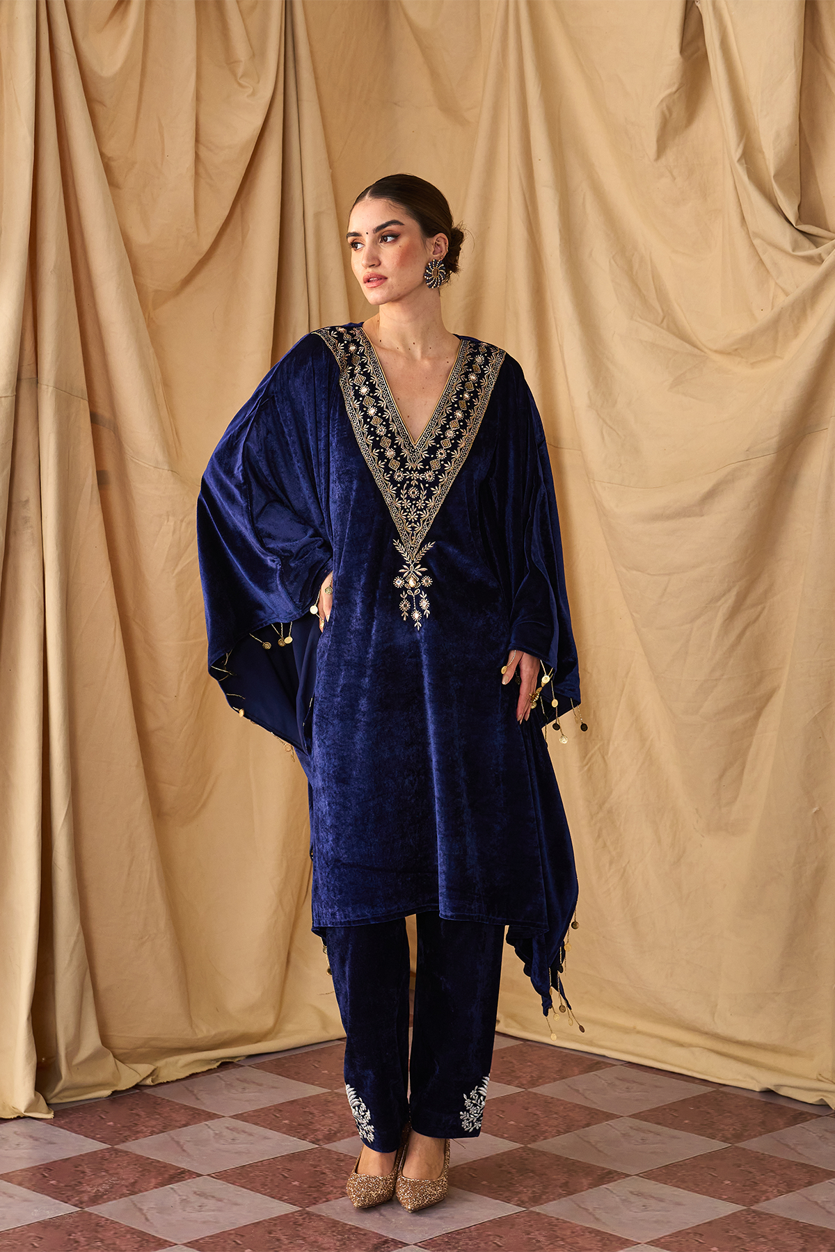 Sikka Velvet Zari Blue Kaftan Set