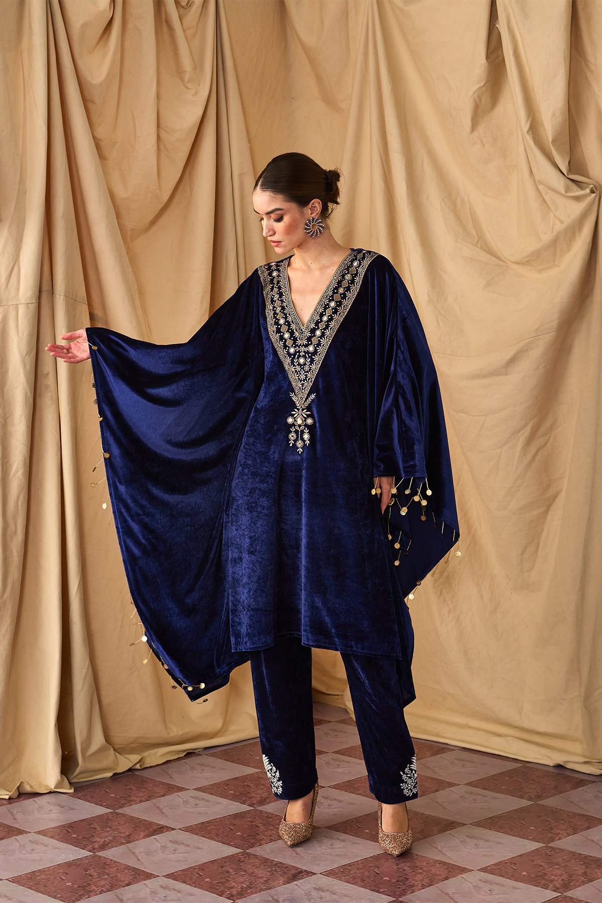 Sikka Velvet Zari Blue Kaftan Set