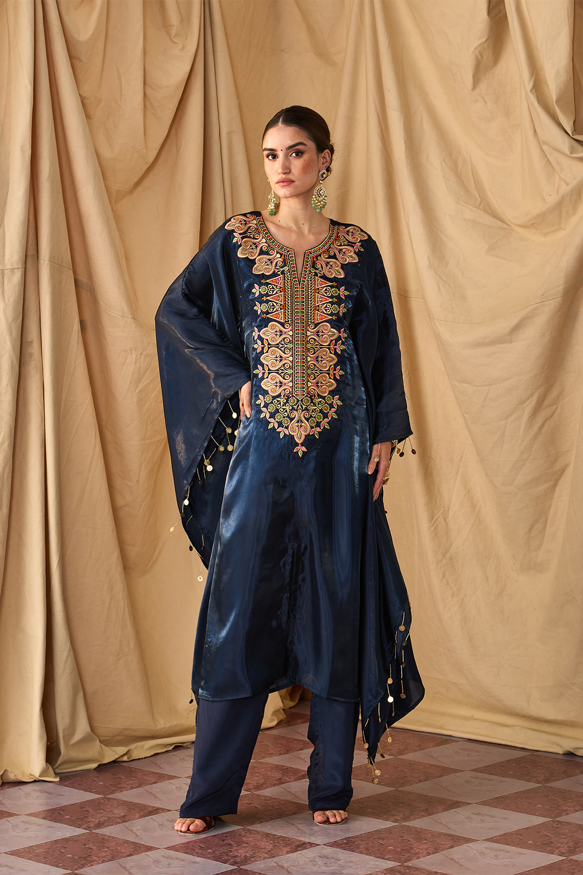 Rangeela Sikka Organza Kaftan Set-Neelam