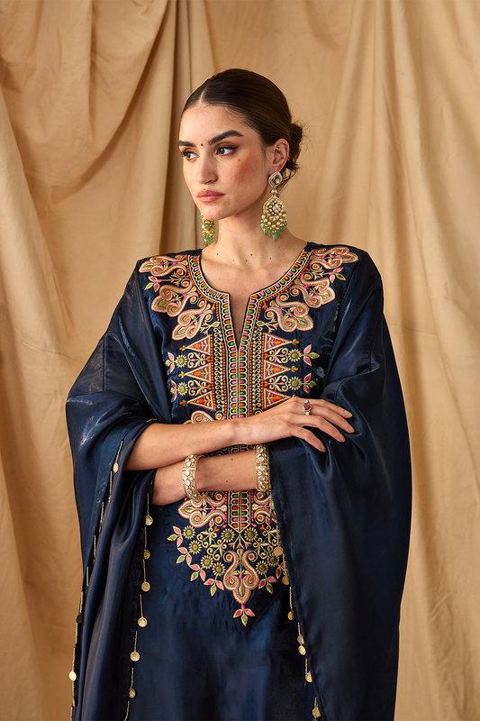 Rangeela Sikka Organza Kaftan Set-Neelam