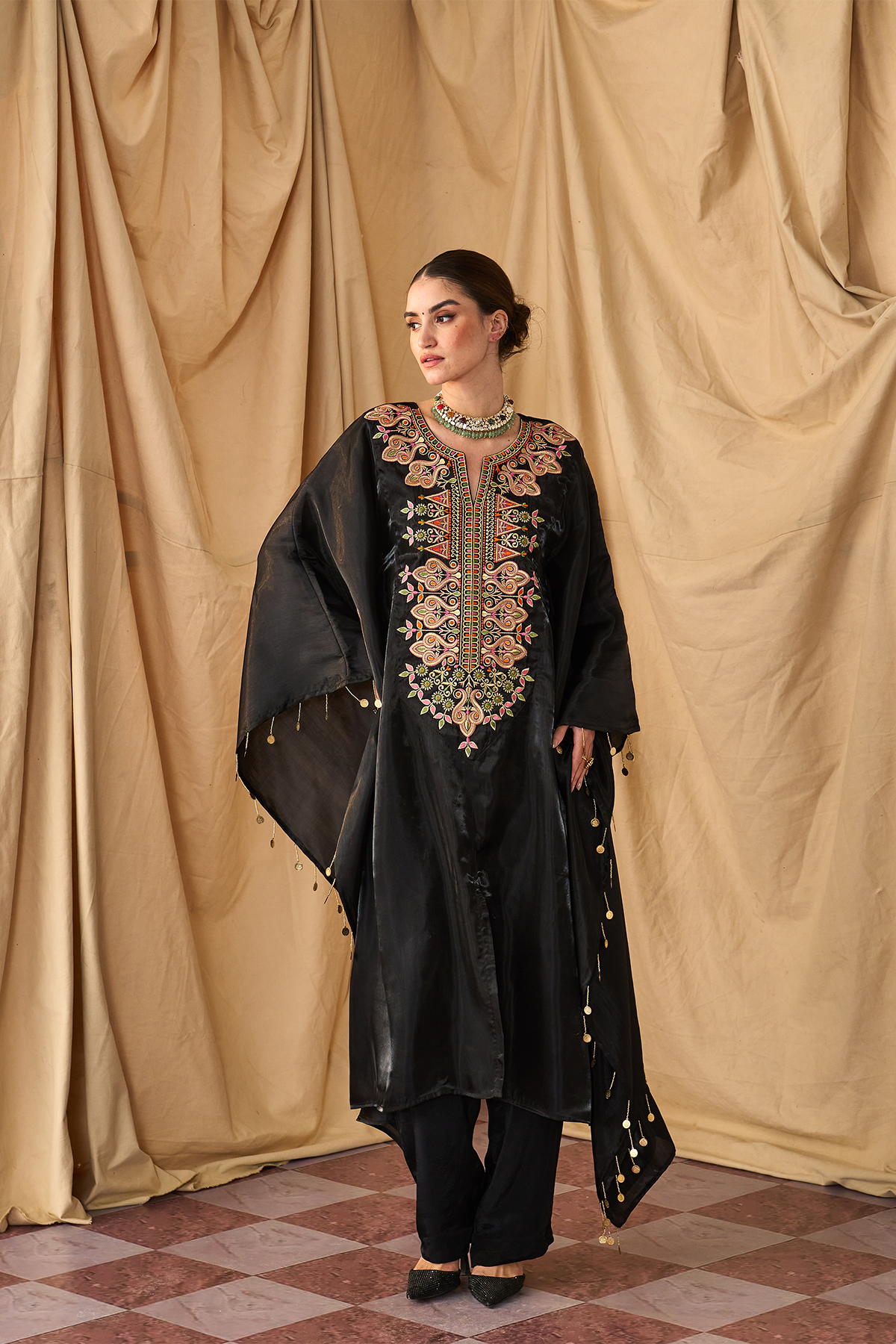 Rangeela Sikka Organza Kaftan Set-Black