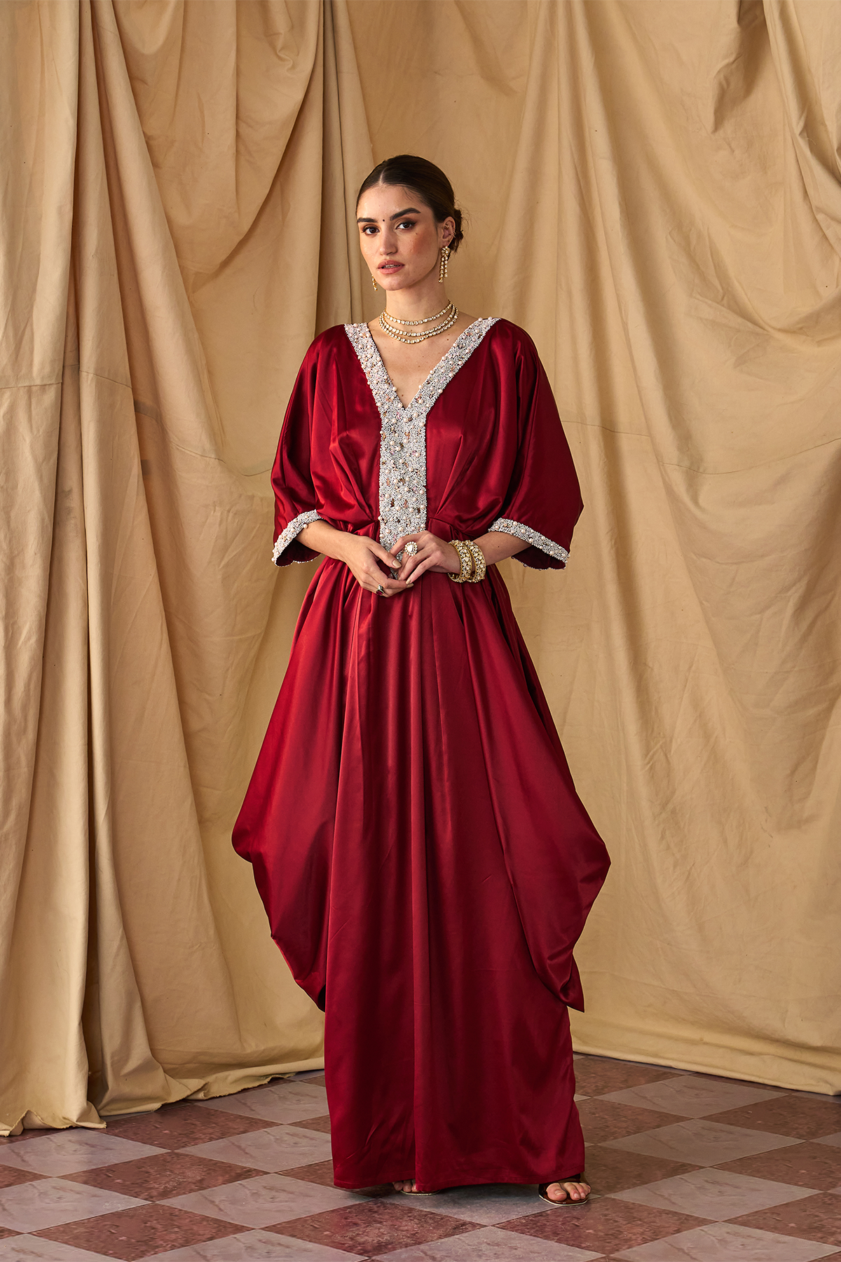 Pearl Cowl Kaftan -Maroon