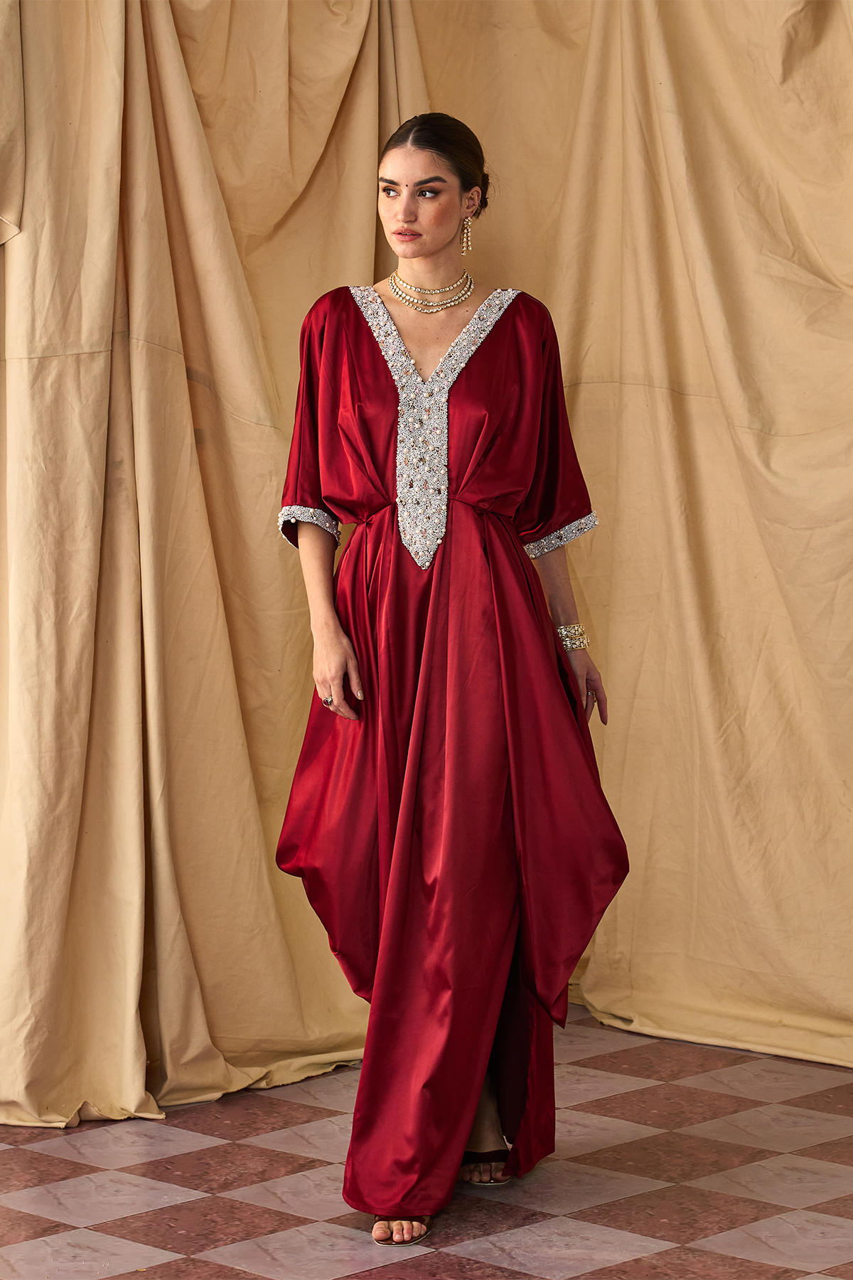 Pearl Cowl Kaftan -Maroon