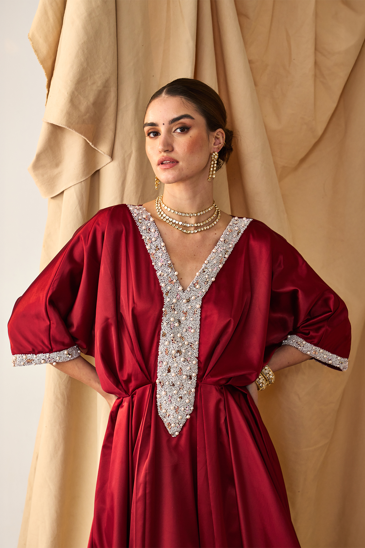 Pearl Cowl Kaftan -Maroon