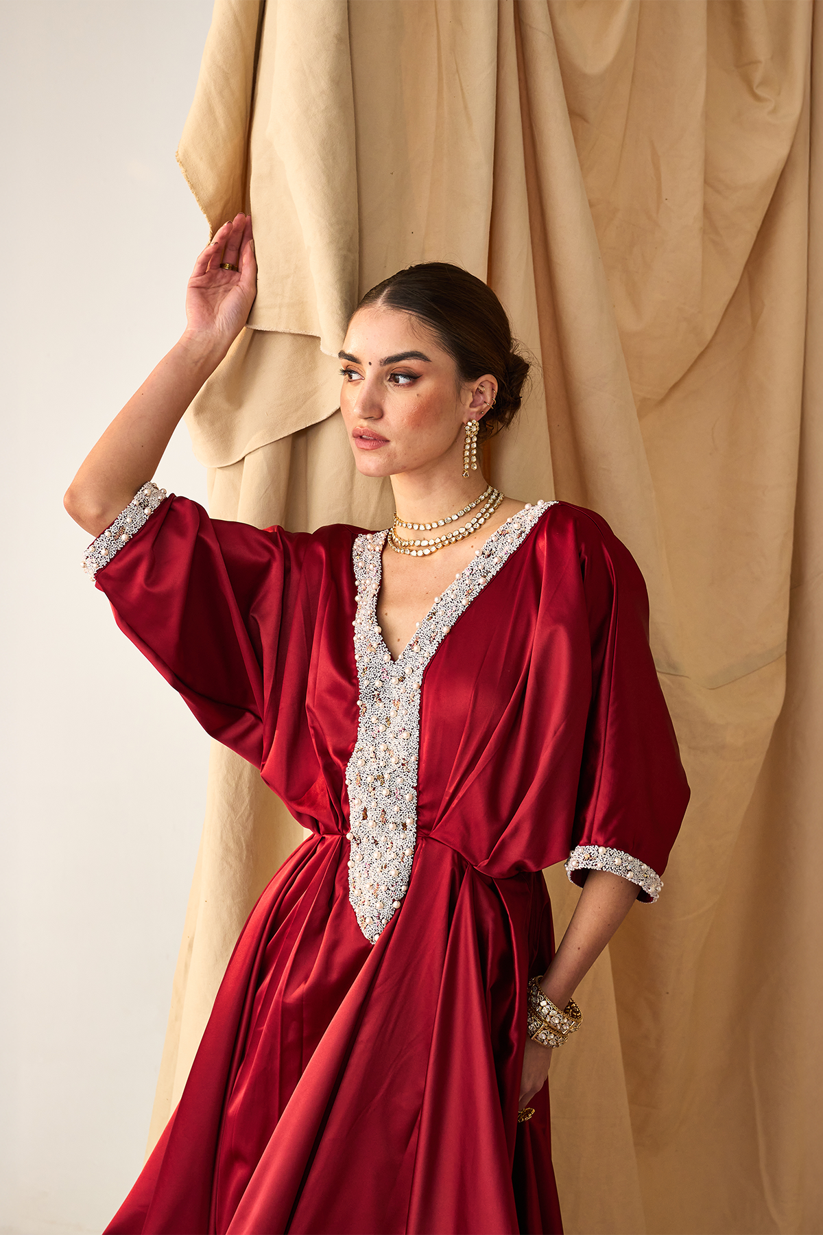 Pearl Cowl Kaftan -Maroon