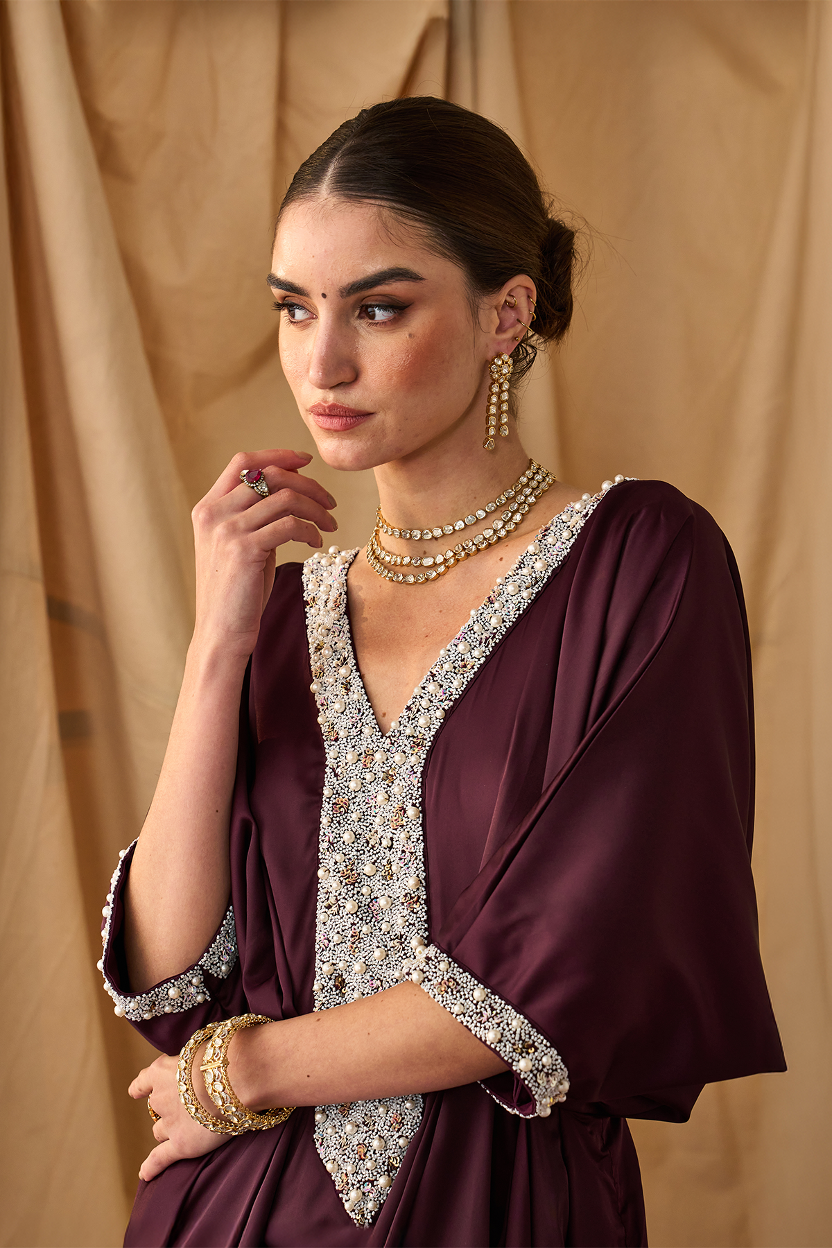 Pearl Cowl Kaftan -Brown