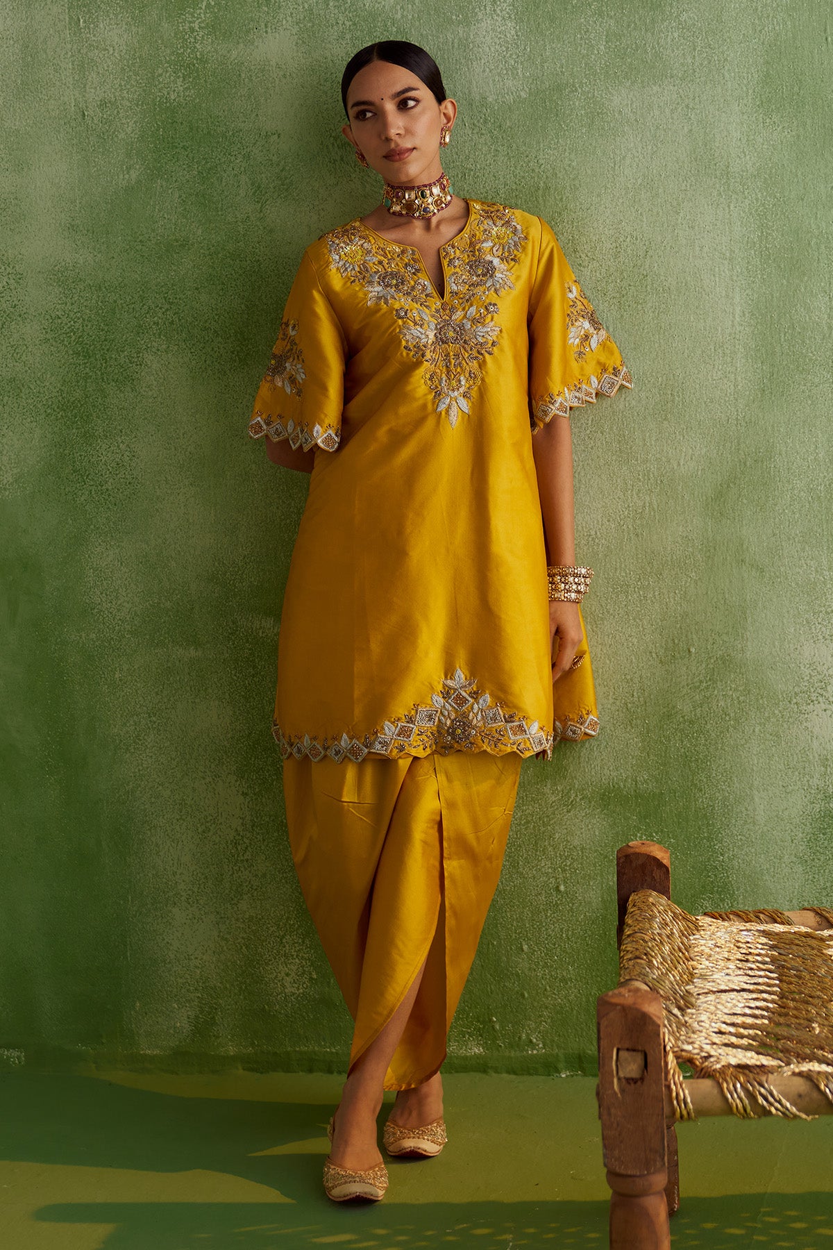 MUSTARD YELLOW EMBROIDERED KURTA SET