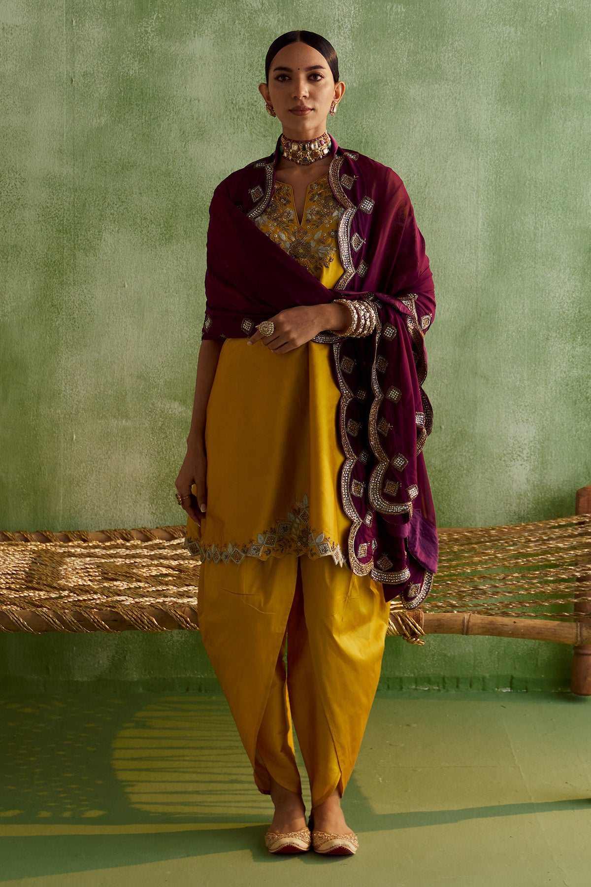 MUSTARD YELLOW EMBROIDERED KURTA SET