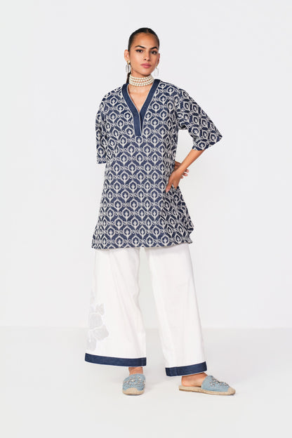 EMBROIDERED WHITE - DENIM BLOCK KURTA SET- LEHR WORK