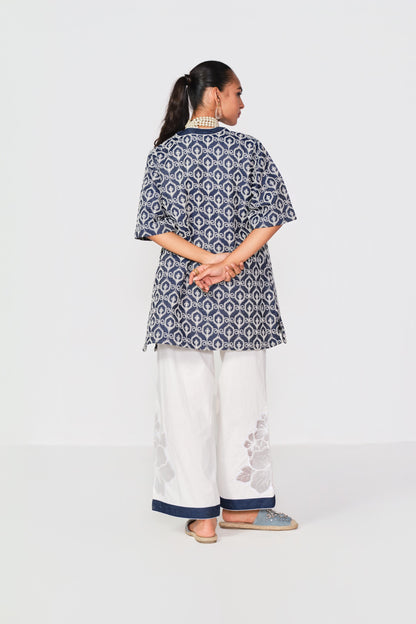 EMBROIDERED WHITE - DENIM BLOCK KURTA SET- LEHR WORK