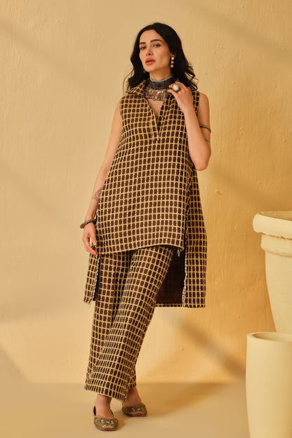 DABI-DORI PLEATED KURTA SET-CAMEL