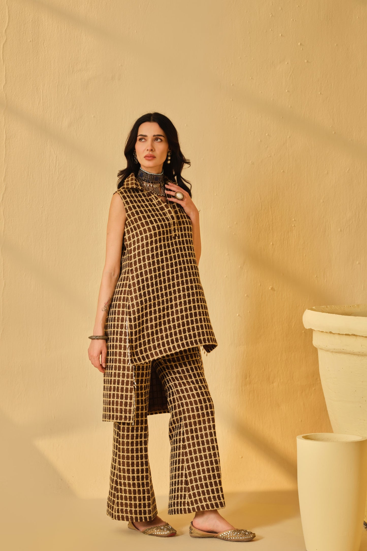 DABI-DORI PLEATED KURTA SET-CAMEL