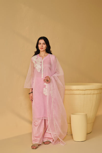 WHITE-PINK WORK ORGANZA KURTA SET