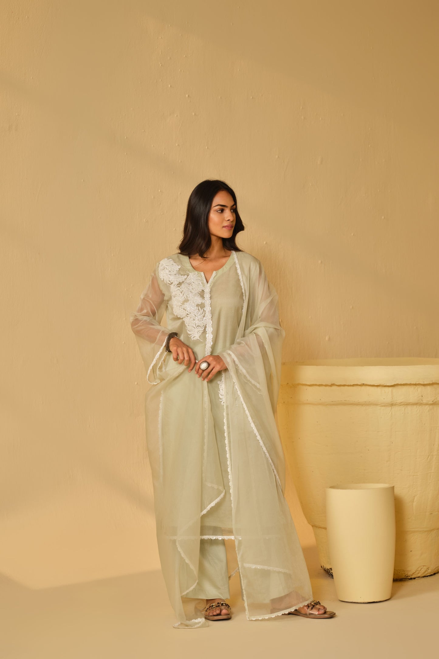 SAGA GREEN-WHITE WORK ORGANZA KURTA SET