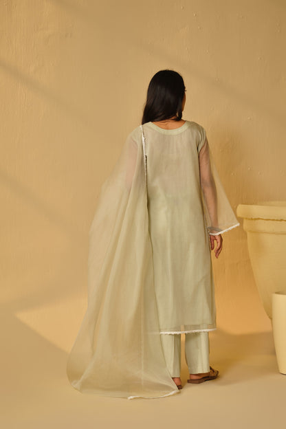 SAGA GREEN-WHITE WORK ORGANZA KURTA SET
