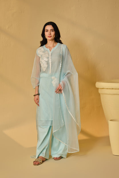 HAZE BLUE -WHITE ORGANZA WORK  KURTA SET