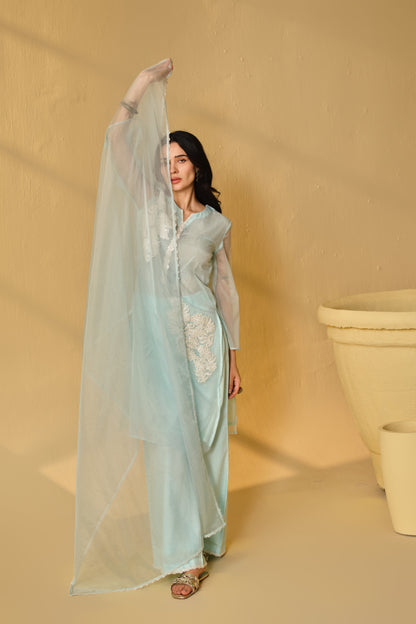 HAZE BLUE -WHITE ORGANZA WORK  KURTA SET