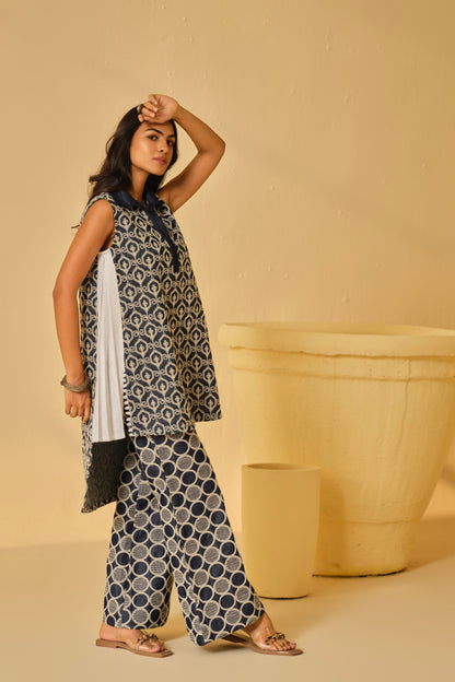 DENIM BLOCK WORK KURTA SET