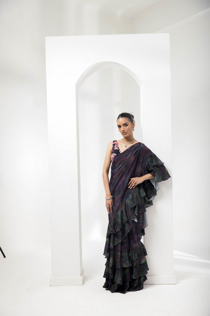 WAVE-RUFFLED PRE-STICHED SAREE WITH FLAUNA HIGHLIGHTING BLOUSE