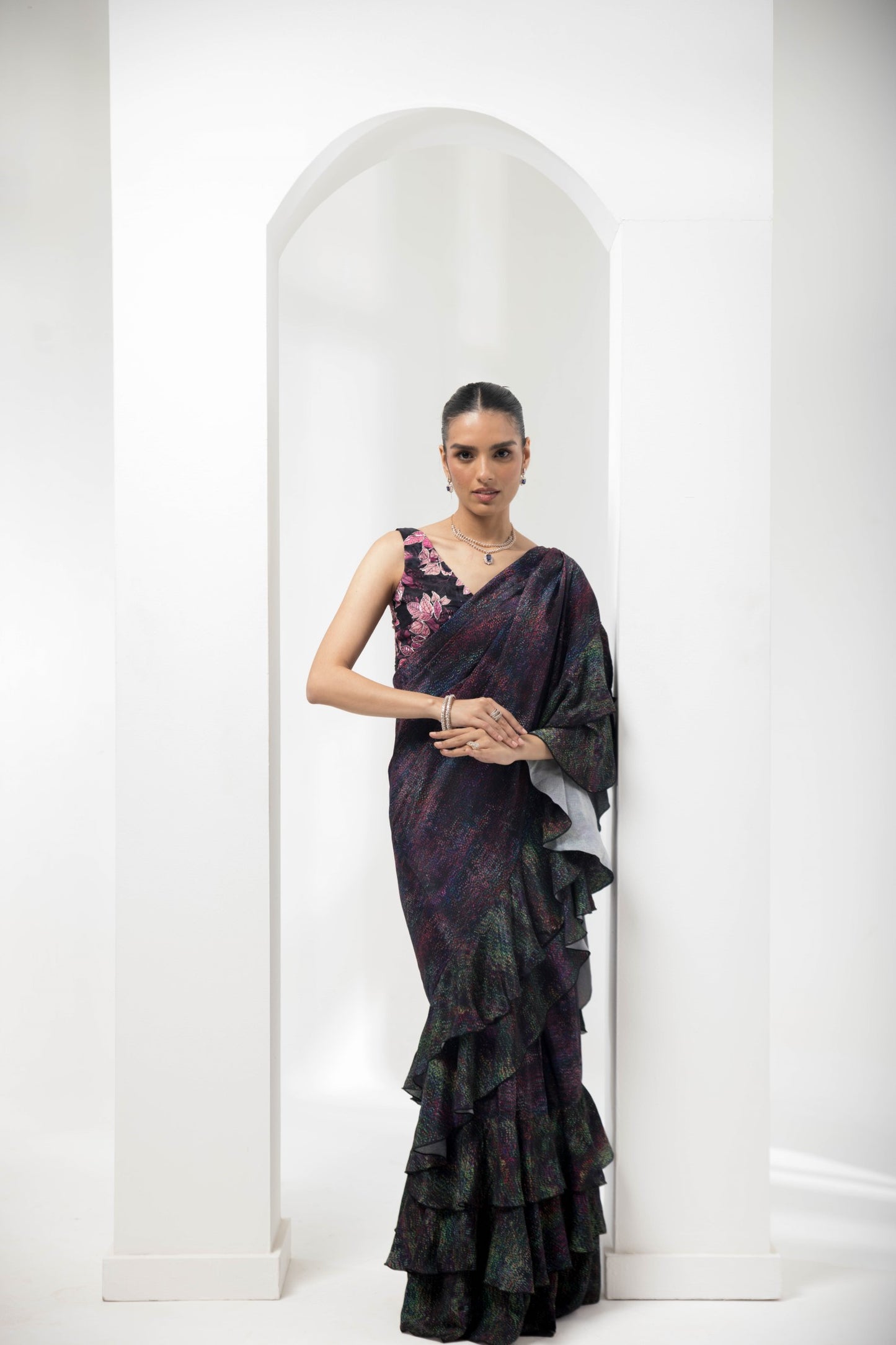 WAVE-RUFFLED PRE-STICHED SAREE WITH FLAUNA HIGHLIGHTING BLOUSE