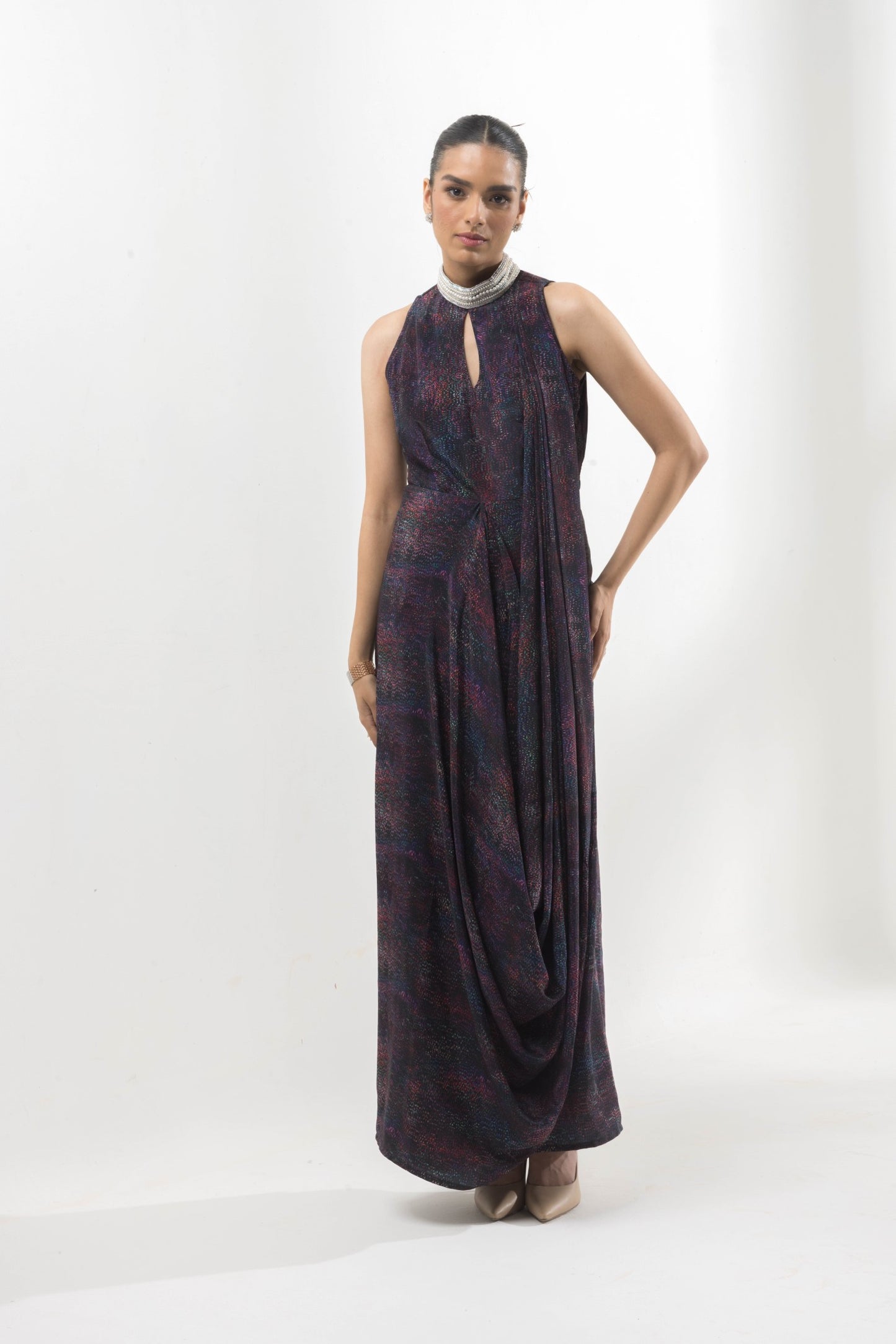 WAVE - TEXTURE DRAPE DRESS WITH PEARL COLLAR